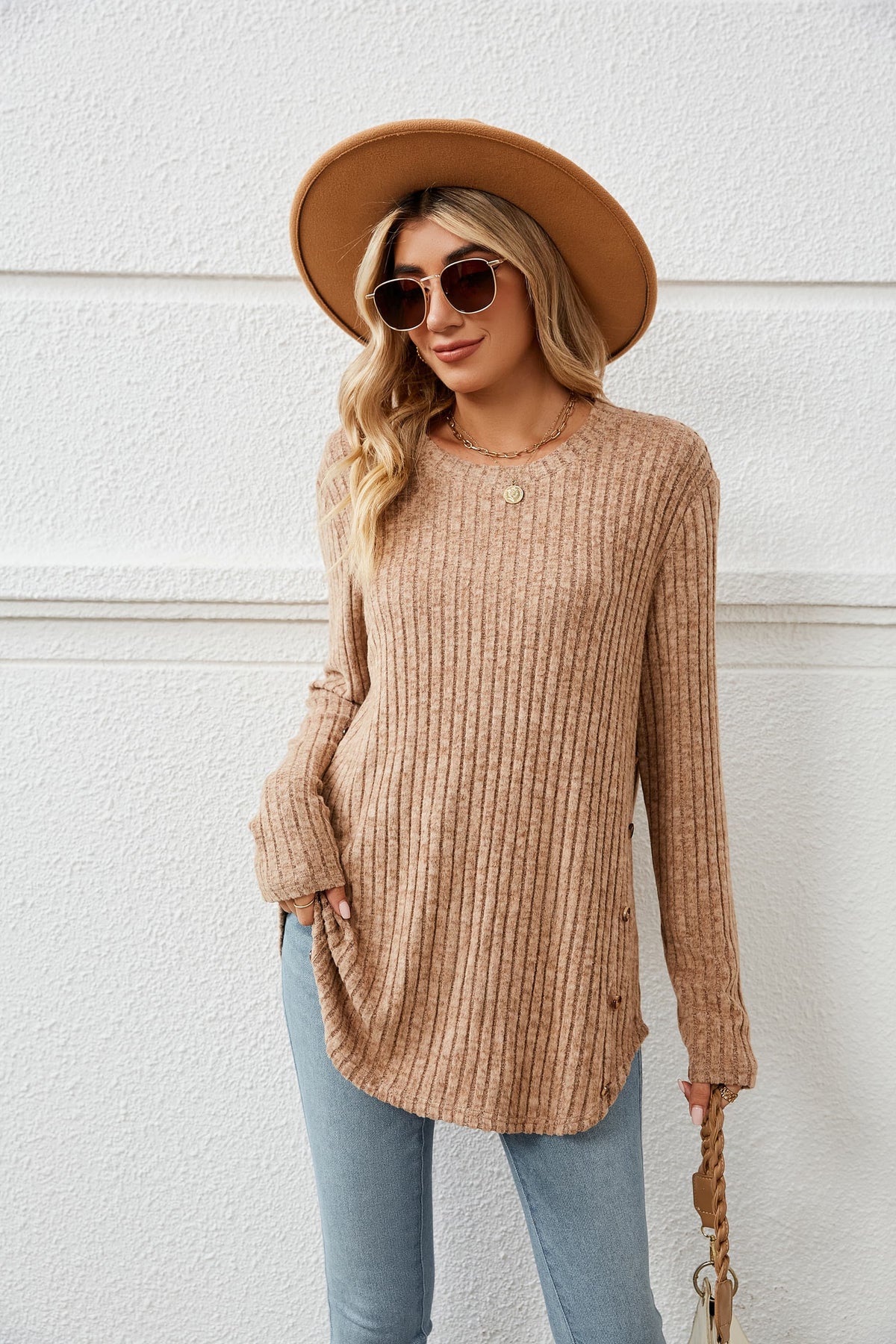 Round Neck Ribbed Long Sleeve T-Shirt