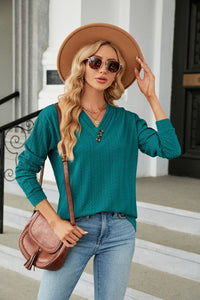 Decorative Button V-Neck Long Sleeve T-Shirt