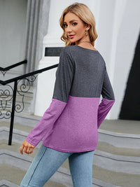 V-Neck Long Sleeve Two-Tone T-Shirt