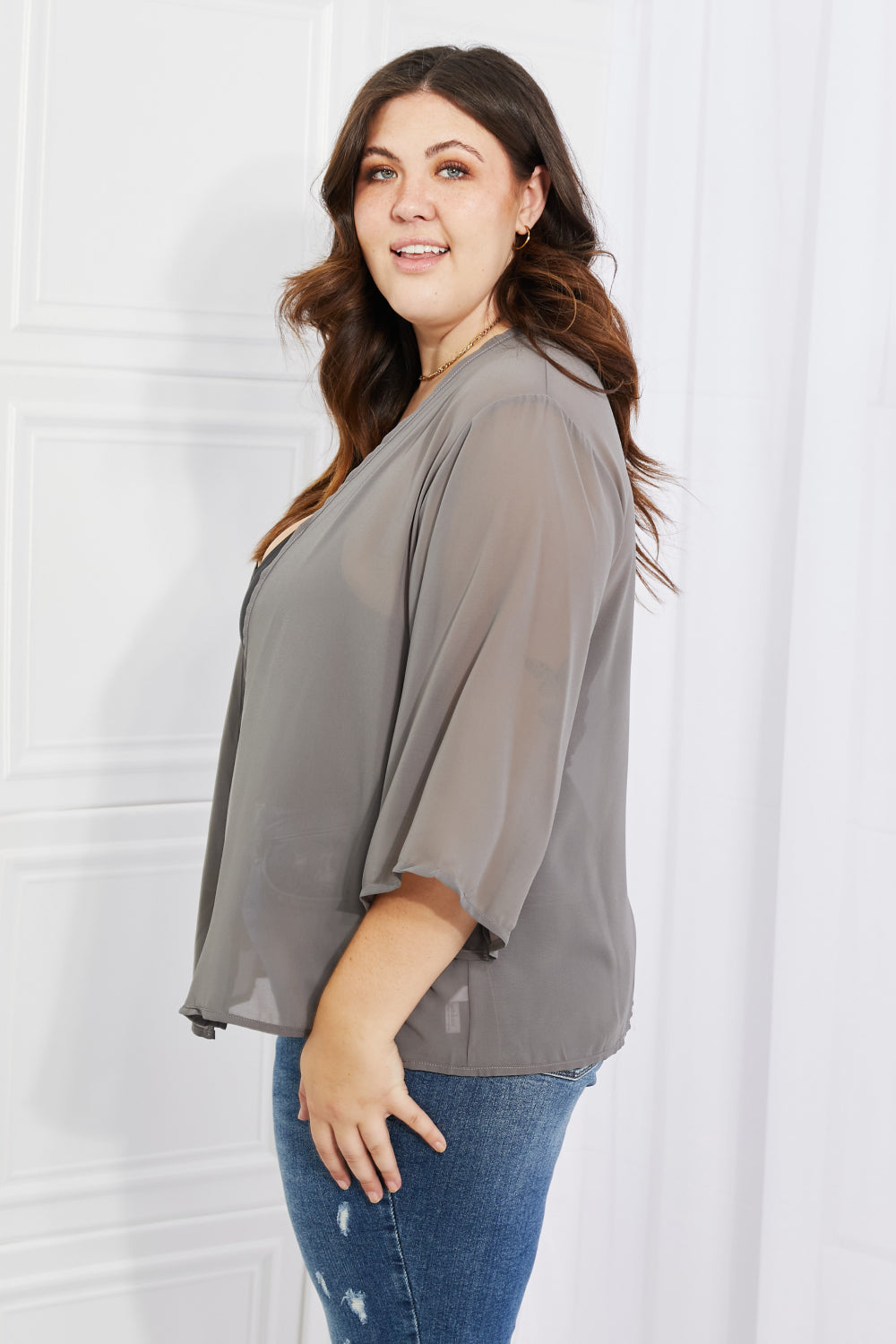 Just Breathe Full Size Chiffon Kimono in Grey