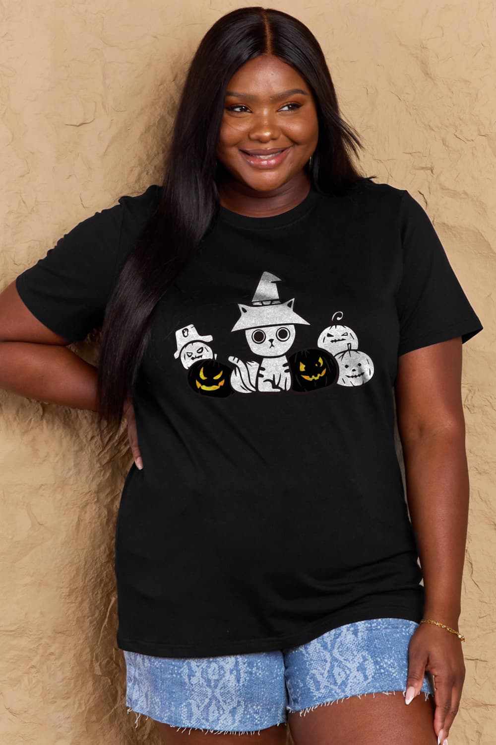 Full Size Cat & Pumpkin Graphic Cotton T-Shirt