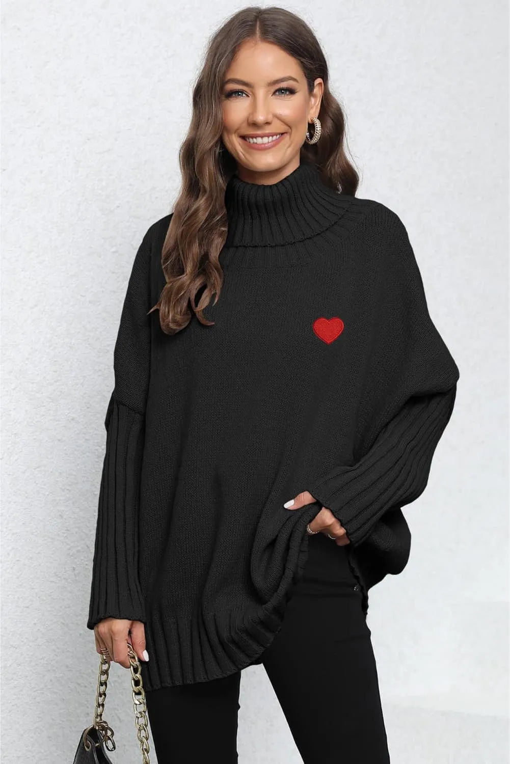 Heart Turtle Neck Long Sleeve Ribbed Sweater
