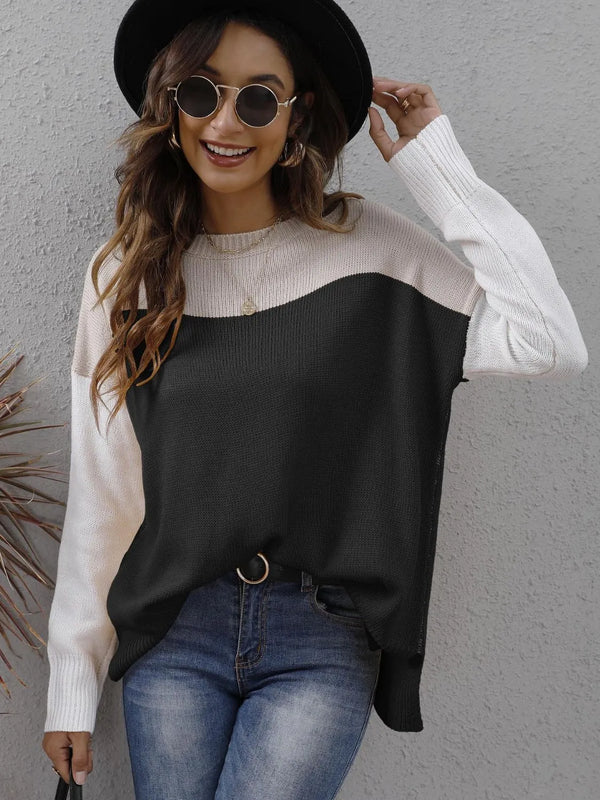 Two-tone Round Neck Dropped Shoulder Sweater