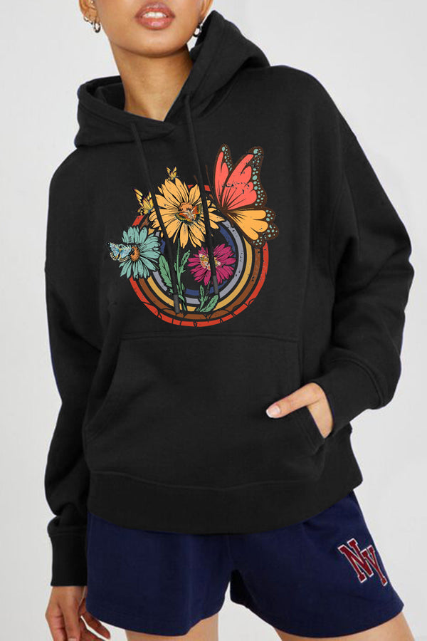 Full Size Butterfly and Flower Graphic Hoodie