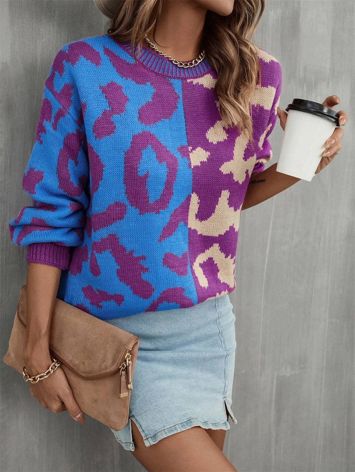 Contrast Color Round Neck Dropped Shoulder Sweater