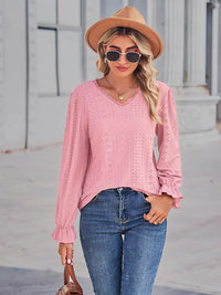 Openwork Eyelet V-Neck Flounce Sleeve Blouse