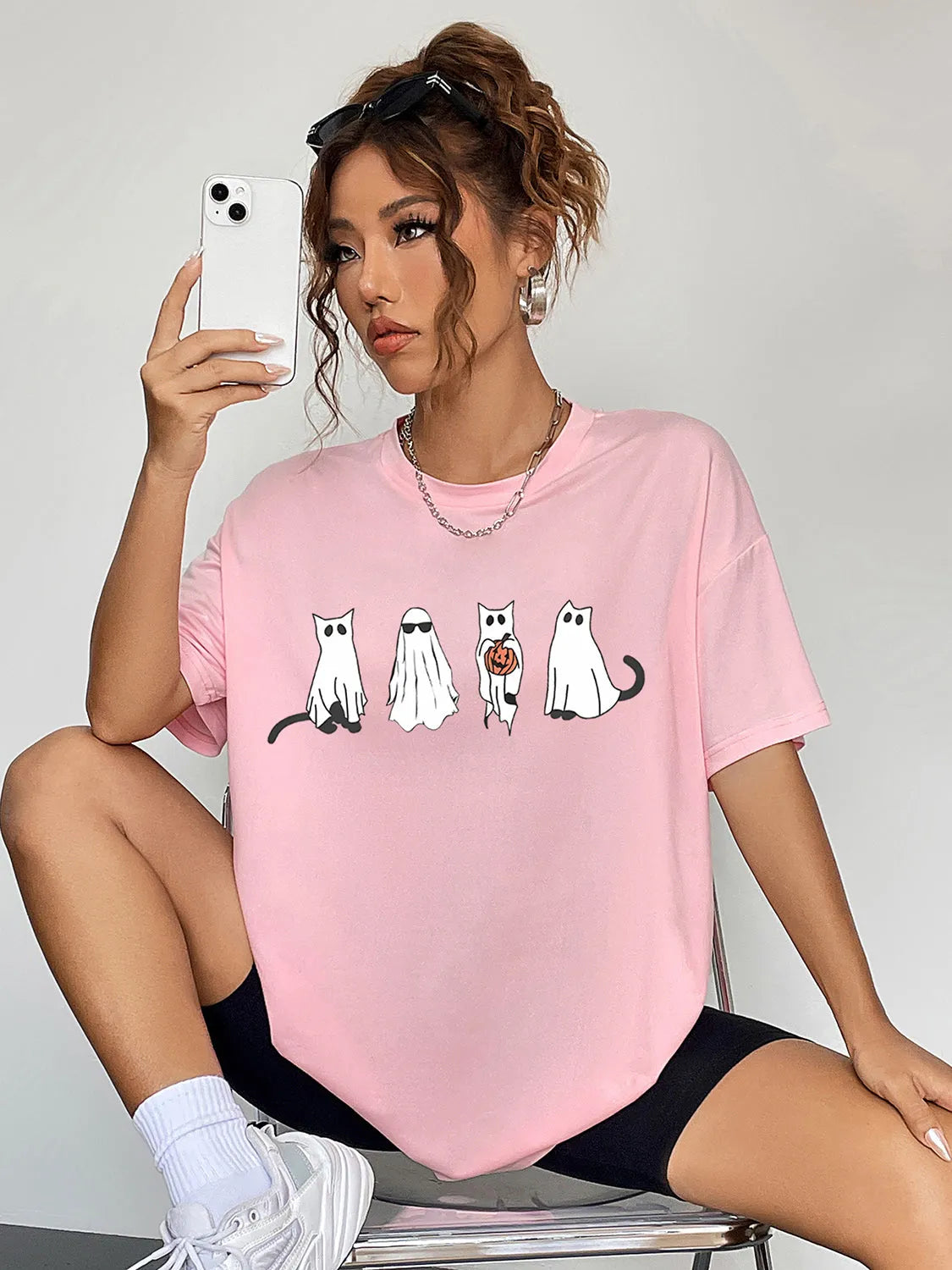 Short Sleeve Round Neck Ghost Graphic T-Shirt