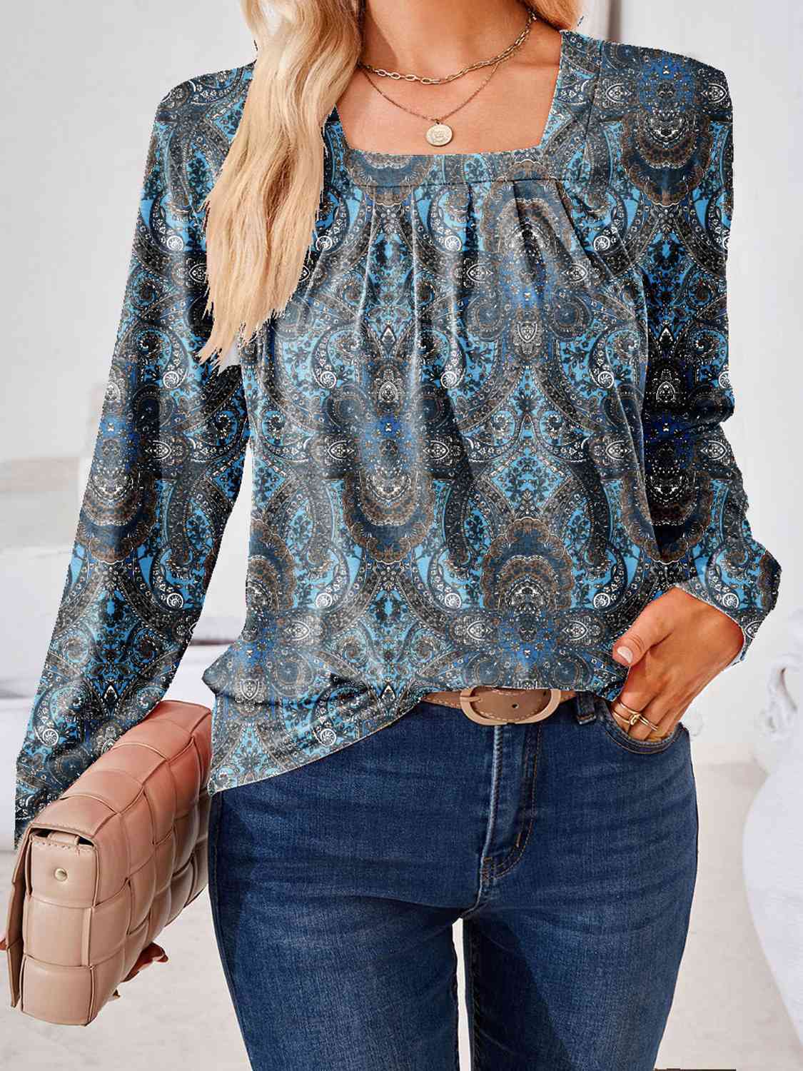 Full Size Square Neck Long Sleeve Blouse