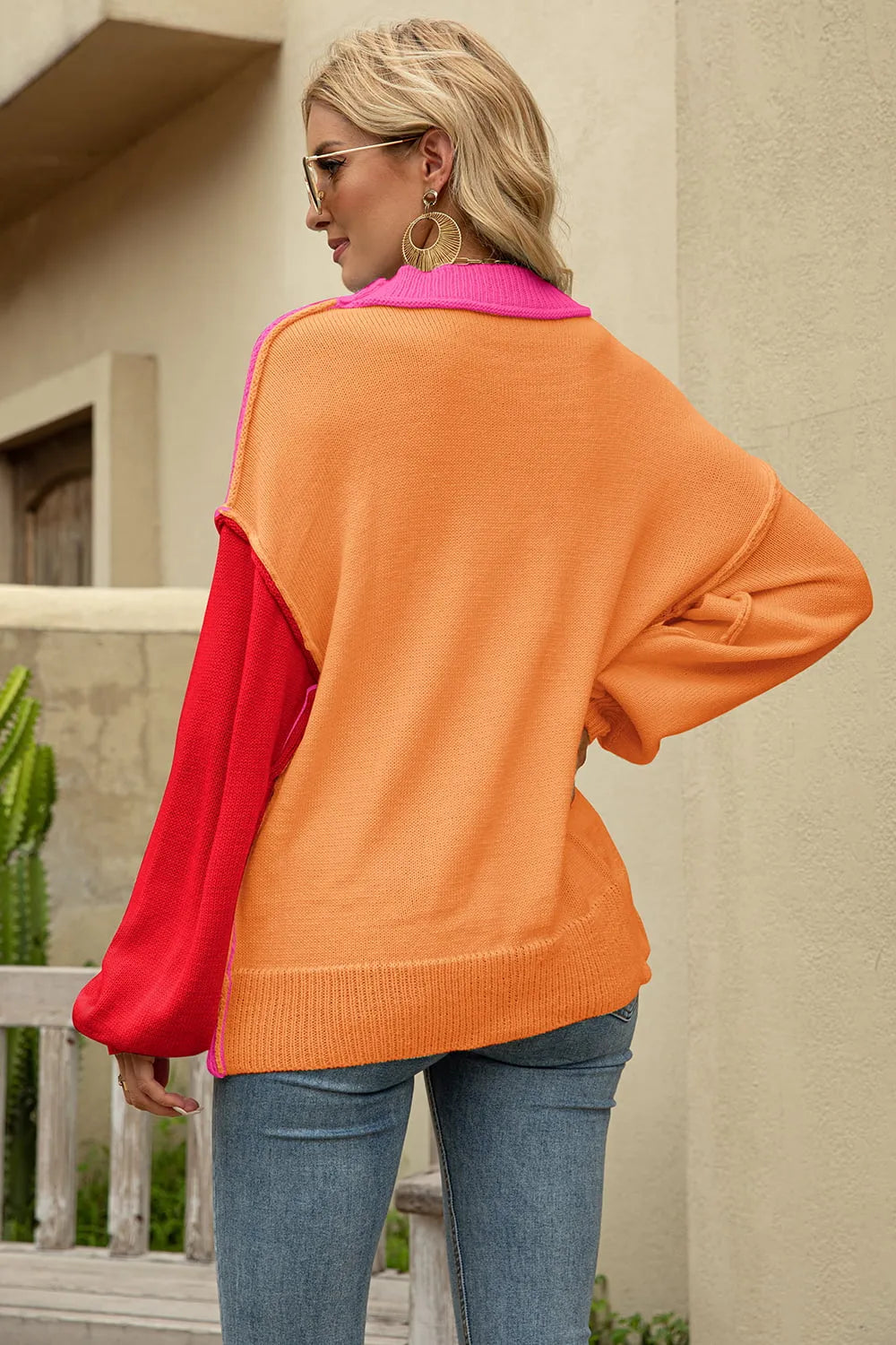 Color Block Round Neck Dropped Shoulder Long Sweater
