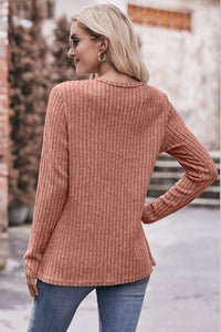 Double Take Ribbed Round Neck Buttoned Long Sleeve Tee