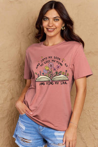 Full Size Book & Flower Graphic Cotton Tee