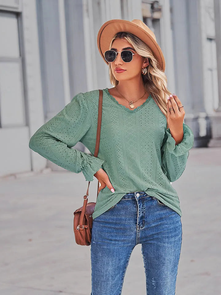 Openwork Eyelet V-Neck Flounce Sleeve Blouse