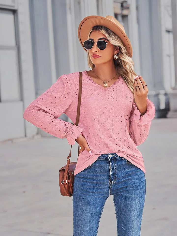 Openwork Eyelet V-Neck Flounce Sleeve Blouse