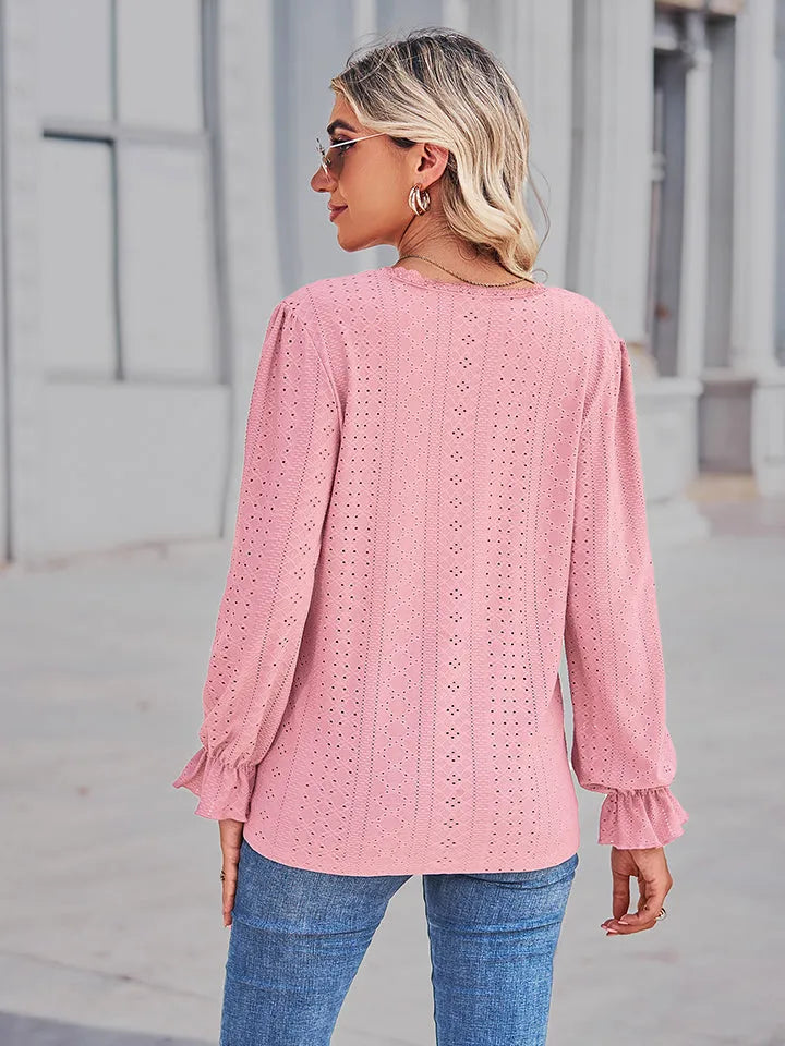 Openwork Eyelet V-Neck Flounce Sleeve Blouse
