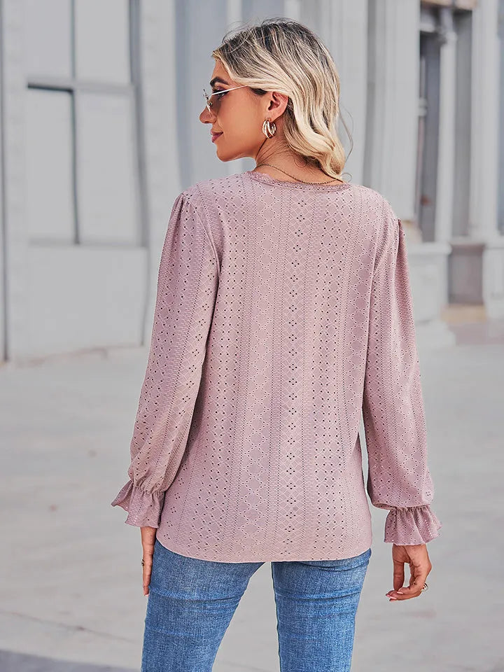 Openwork Eyelet V-Neck Flounce Sleeve Blouse