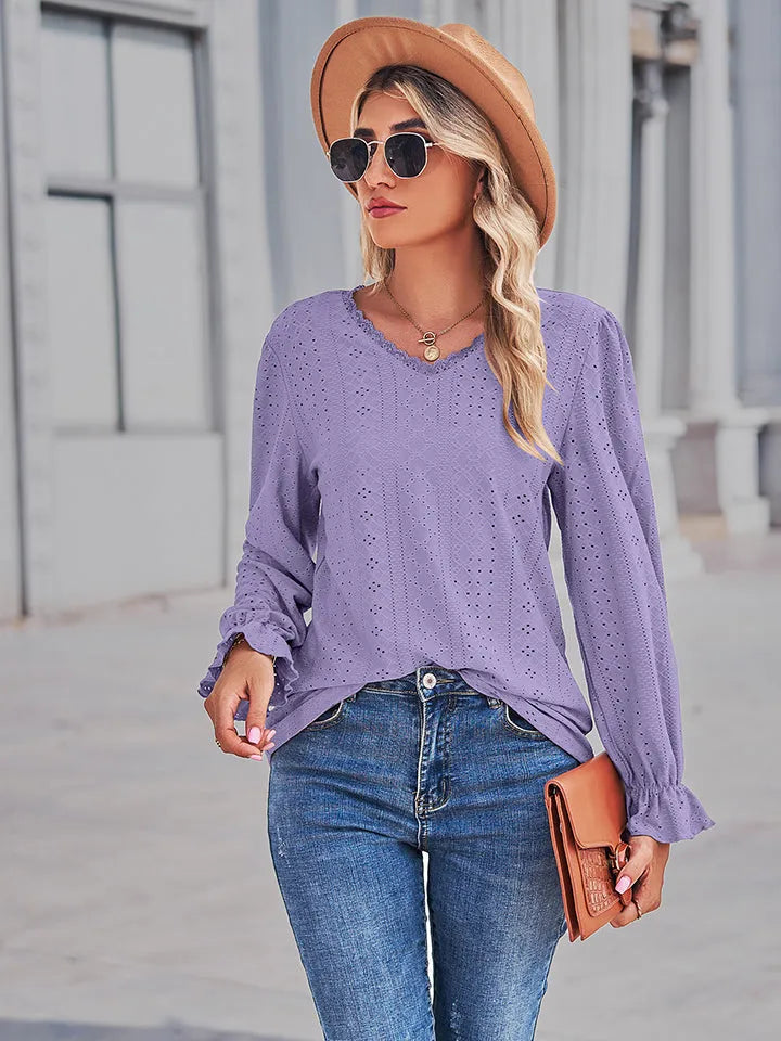 Openwork Eyelet V-Neck Flounce Sleeve Blouse