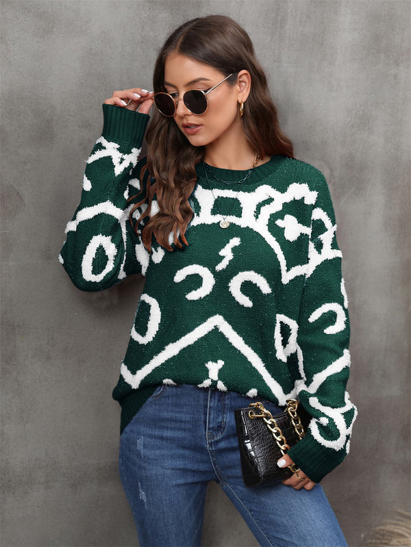 Printed Round Neck Dropped Shoulder Sweater