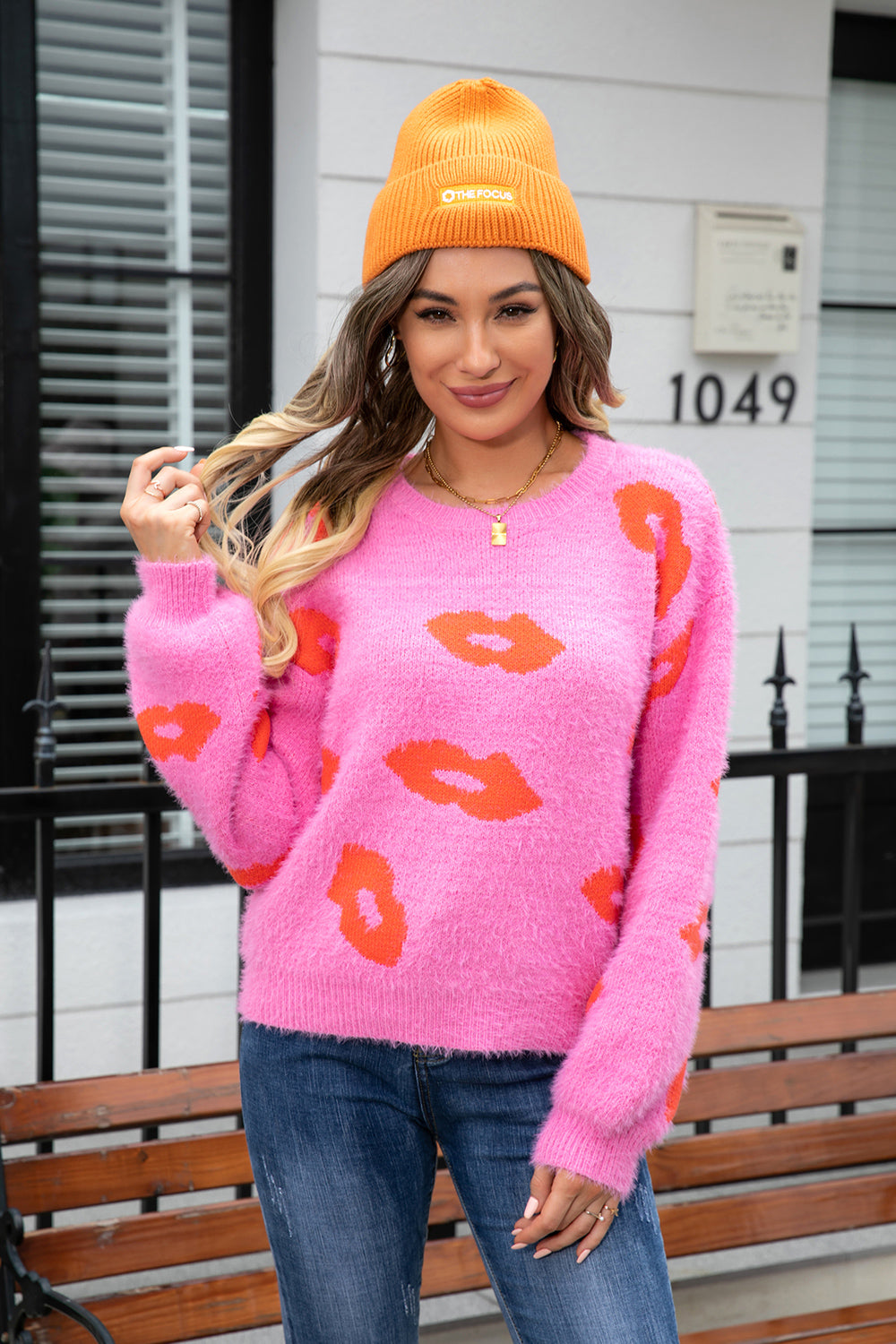 Printed Round Neck Long Sleeve Fuzzy Sweater