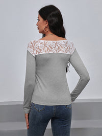 Lace Trim Long Sleeve Round Neck Tee