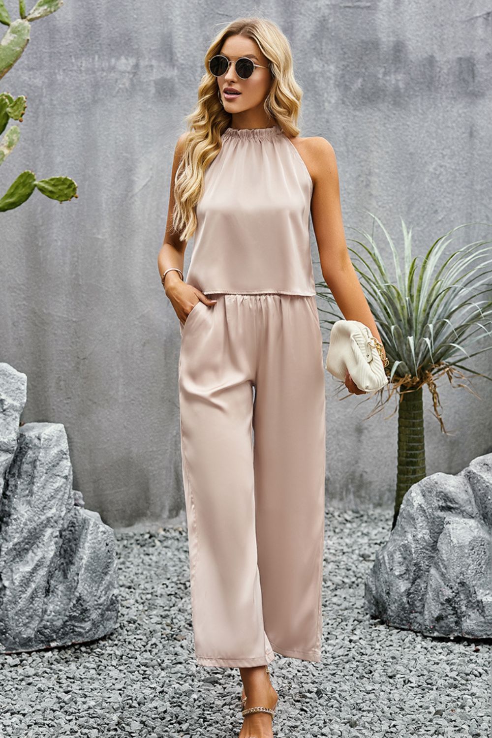 Grecian Neck Sleeveless Pocketed Top and Pants Set