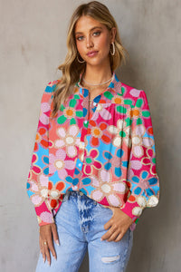 Floral Print Lantern Sleeve Collared Neck Shirt