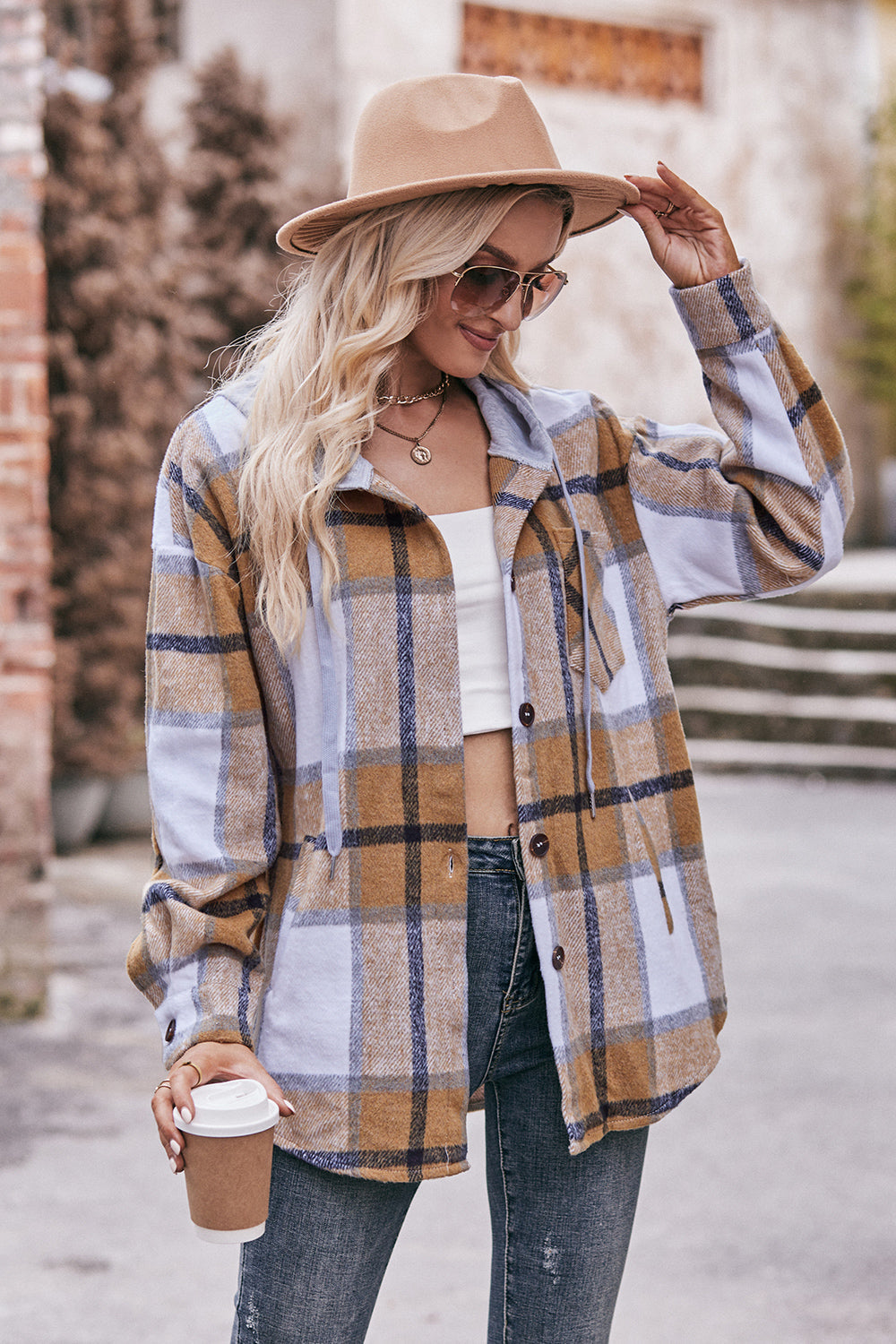 Plaid Dropped Shoulder Hooded Jacket