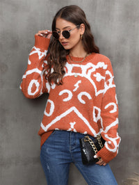 Printed Round Neck Dropped Shoulder Sweater