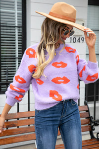 Printed Round Neck Long Sleeve Fuzzy Sweater