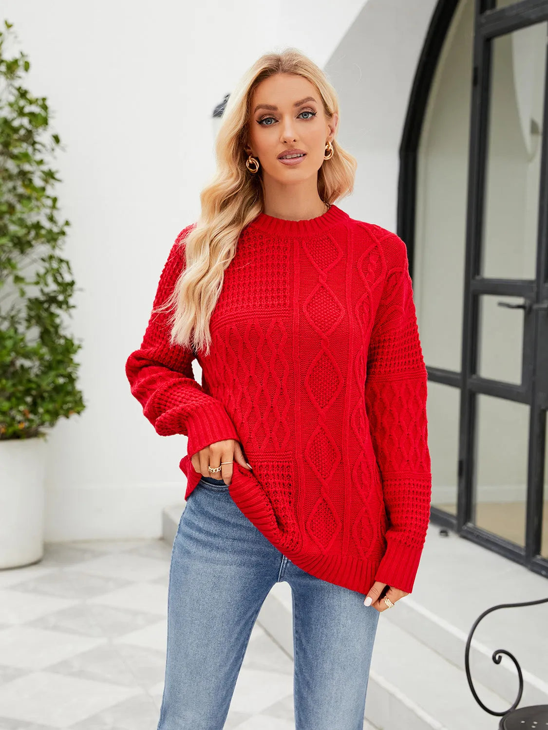 Round Neck Dropped Shoulder Long Sleeve Sweater