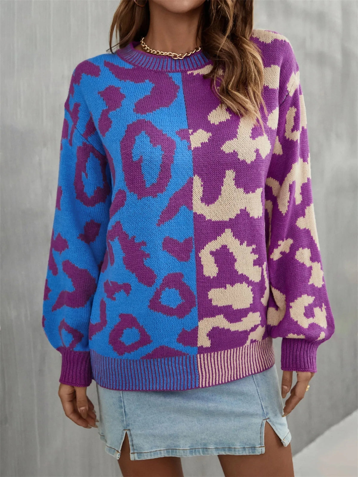 Contrast Color Round Neck Dropped Shoulder Sweater