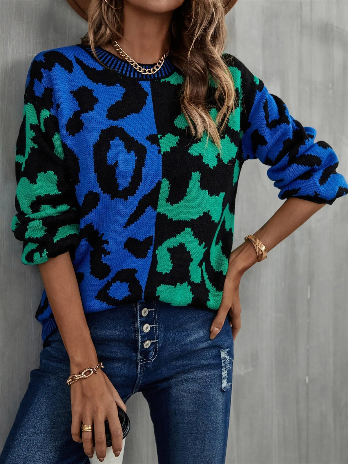 Contrast Color Round Neck Dropped Shoulder Sweater