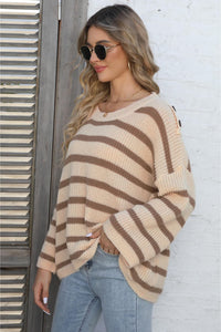 Round Neck Dropped Shoulder Striped Sweater