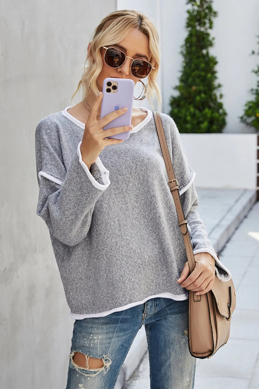Casual Round Neck Dropped Shoulder Sweater