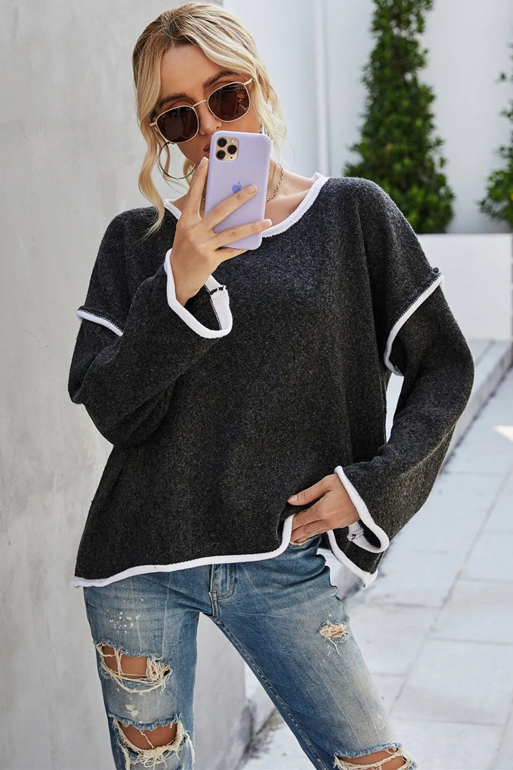 Casual Round Neck Dropped Shoulder Sweater