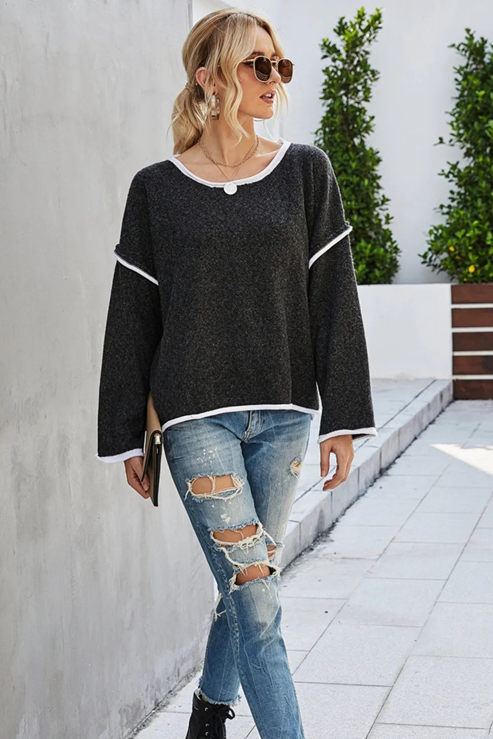 Casual Round Neck Dropped Shoulder Sweater