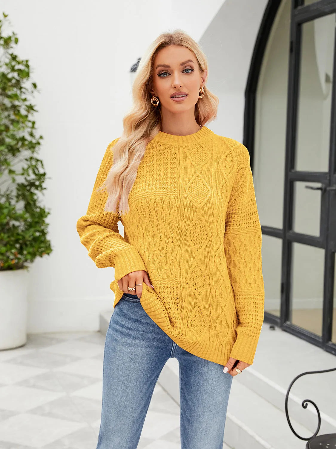 Round Neck Dropped Shoulder Long Sleeve Sweater