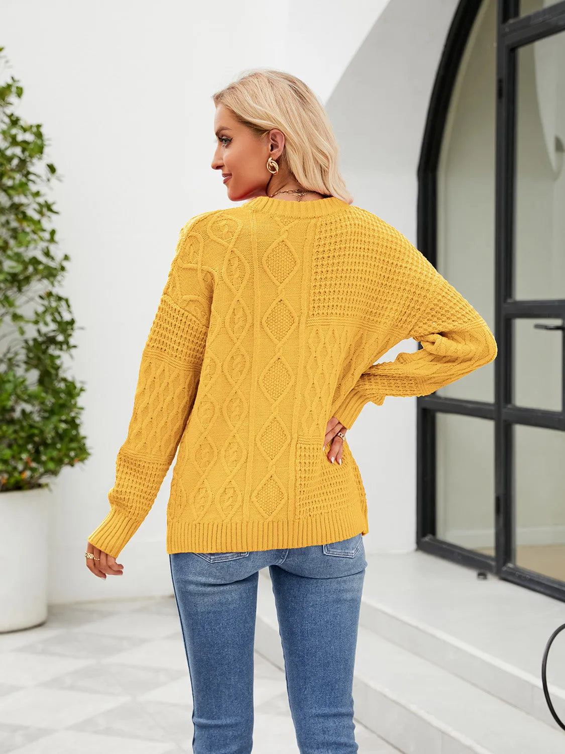 Round Neck Dropped Shoulder Long Sleeve Sweater