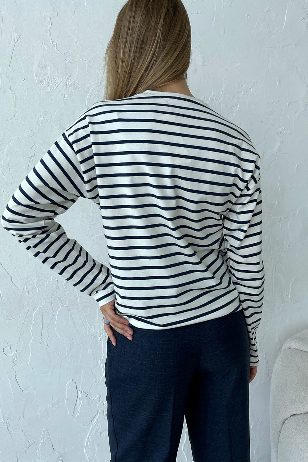 Round Neck Striped Dropped Shoulder T-Shirt