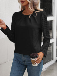 Ruched Round Neck Puff Sleeve Blouse