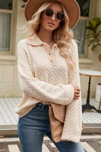 Striped Collared Neck Buttoned Pullover Sweater