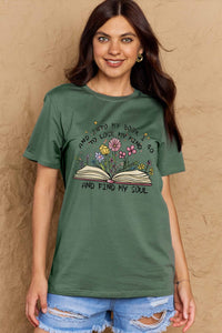 Full Size Book & Flower Graphic Cotton Tee