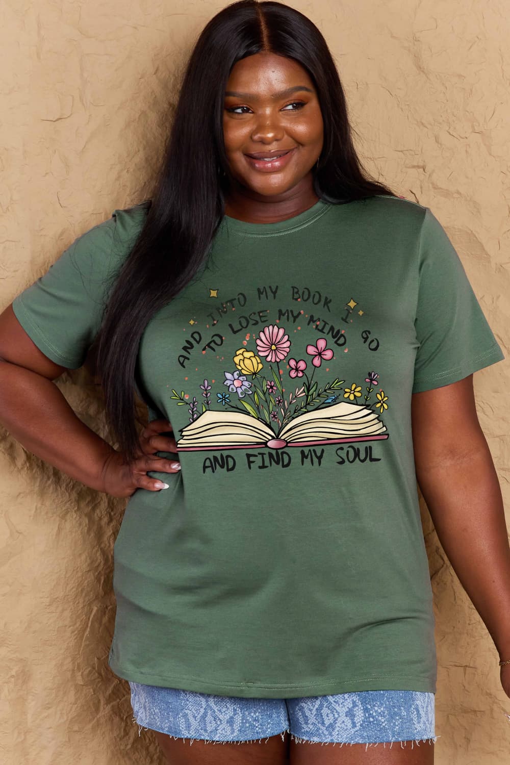 Full Size Book & Flower Graphic Cotton Tee