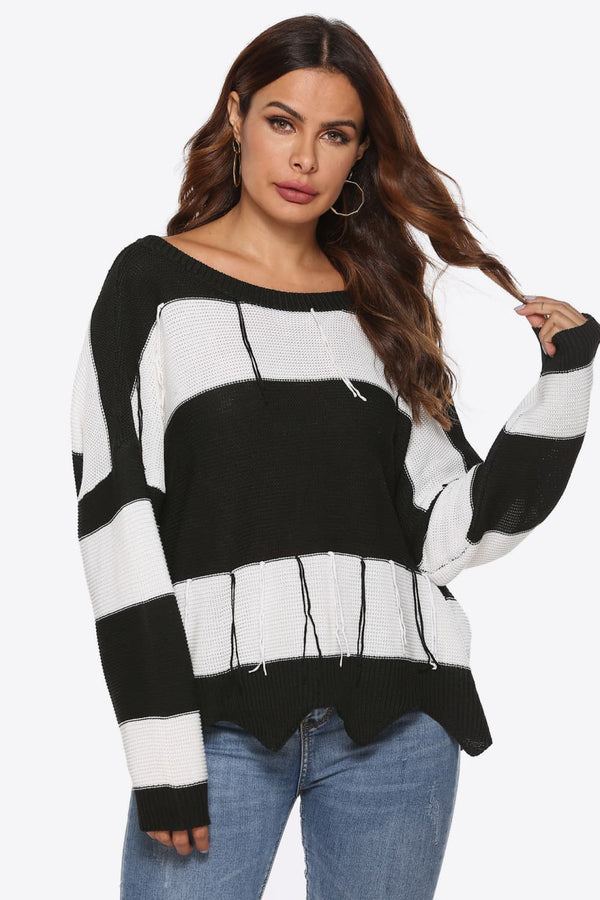 Color Block Backless Long Sleeve Sweater