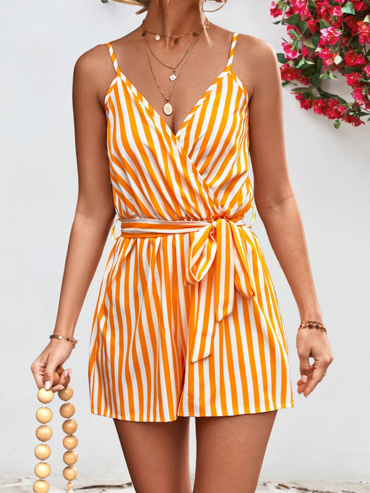 Striped Tie Waist Spaghetti Strap Romper