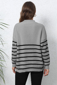 Striped Zip-Up Long Sleeve Ribbed Sweater