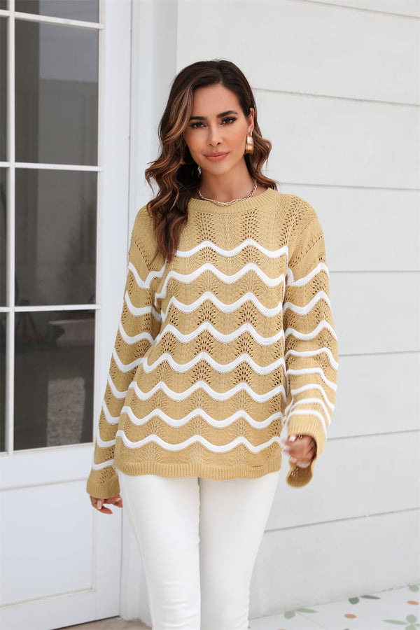 Wave Pattern Round Neck Long Sleeve Sweater