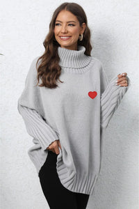 Heart Turtle Neck Long Sleeve Ribbed Sweater