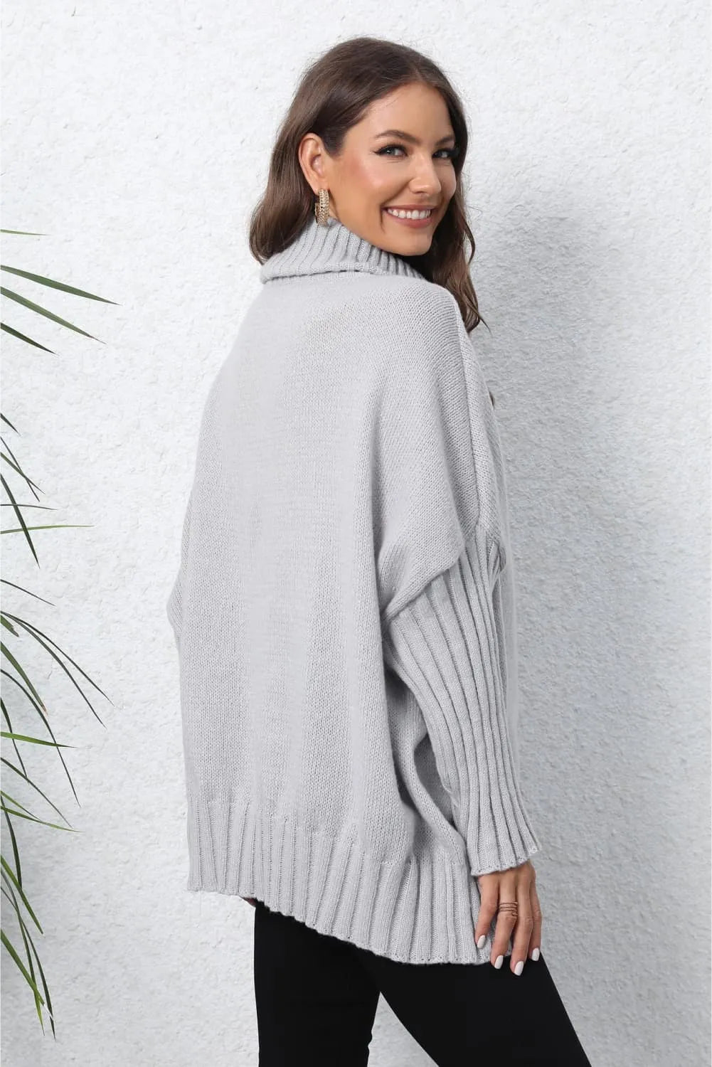 Heart Turtle Neck Long Sleeve Ribbed Sweater