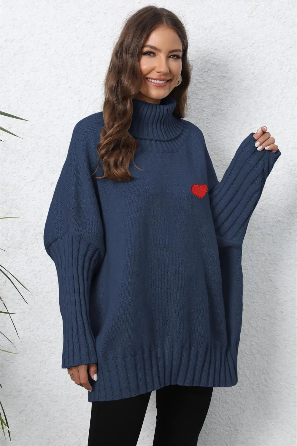 Heart Turtle Neck Long Sleeve Ribbed Sweater