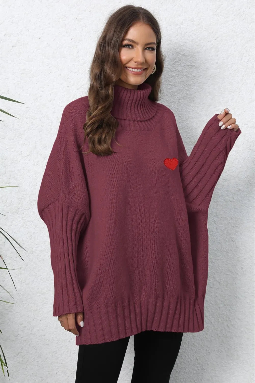 Heart Turtle Neck Long Sleeve Ribbed Sweater